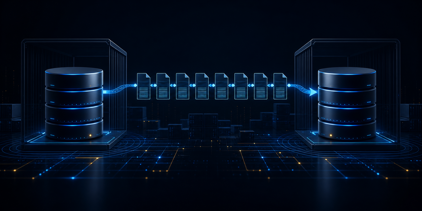 Dark abstract illustration of a Db2 HADR pair with primary, standby, and log shipping between them