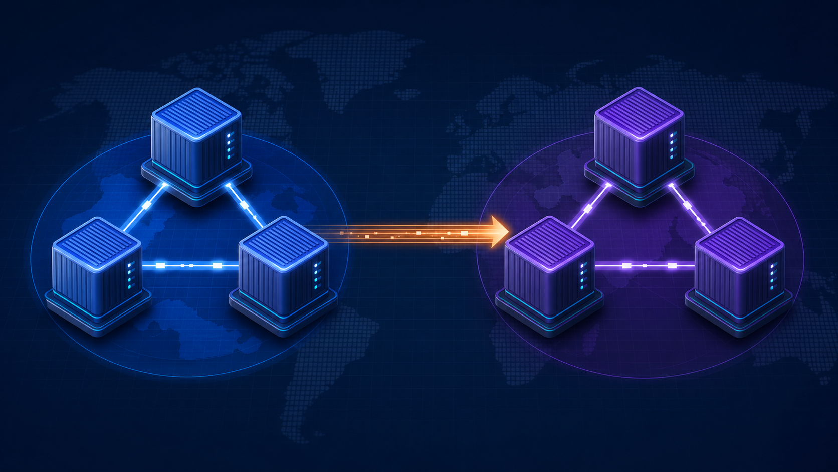 Two three-instance Native HA groups connected by directional cross-region replication