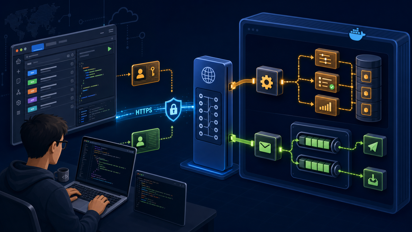 Developer operating IBM MQ remotely through REST APIs in a Docker environment